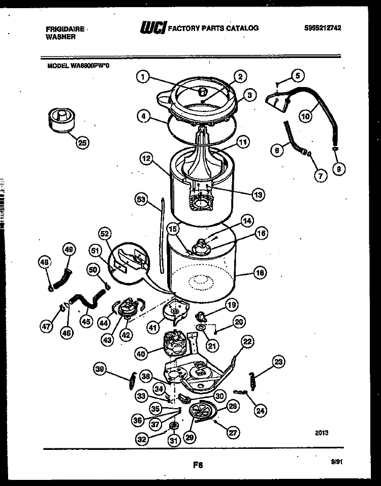TUB DETAIL Diagram and Parts List for WA8800PW0  Frigidaire Washer