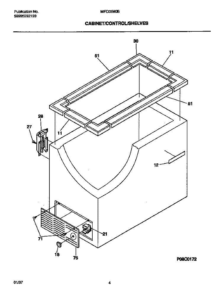 CABINET / CONTROL / SHELVES Diagram and Parts List for MFC05M0BW3  Frigidaire Freezer