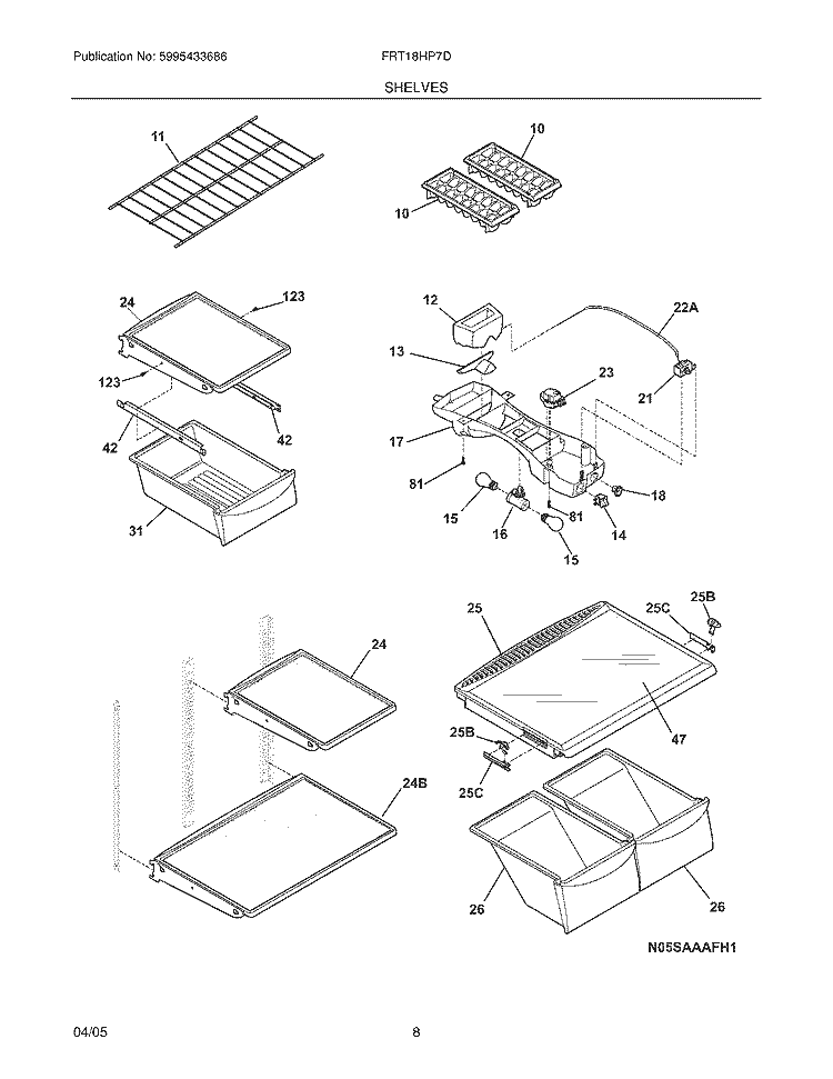 SHELVES Diagram and Parts List for FRT18HP7DW2  Frigidaire Refrigerator