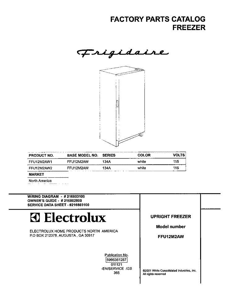 COVER Diagram and Parts List for FFU12M2AW2  Frigidaire Freezer