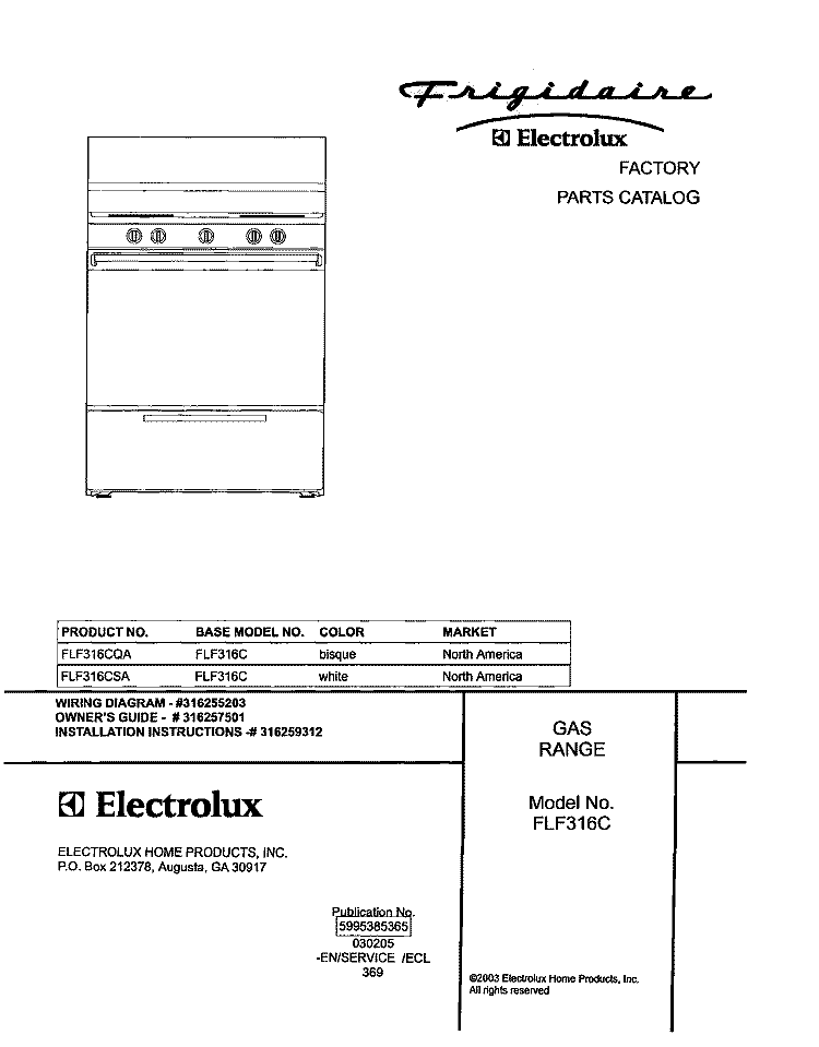 COVER Diagram and Parts List for FLF316CSA  Frigidaire Range