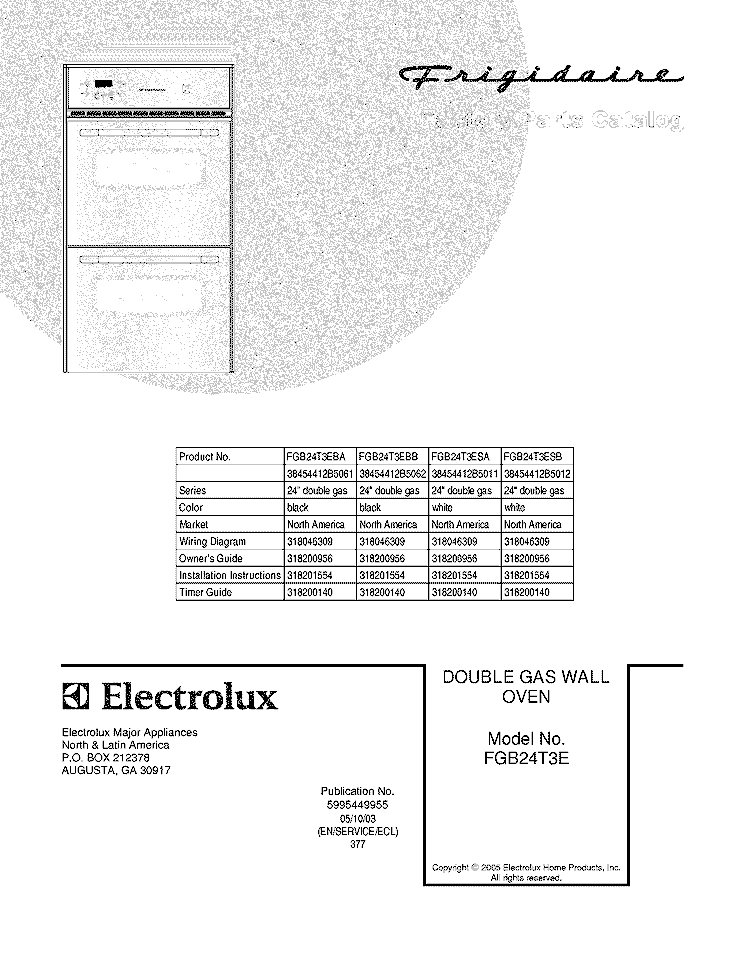 COVER Diagram and Parts List for FGB24T3EBB  Frigidaire Wall Oven