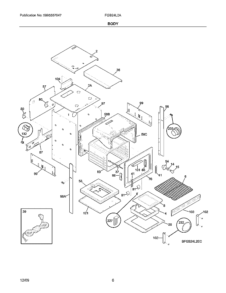 BODY Diagram and Parts List for FGB24L2ABD  Frigidaire Wall Oven