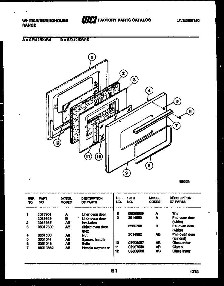 DOOR PARTS Diagram and Parts List for GF410HXW5  Frigidaire Range