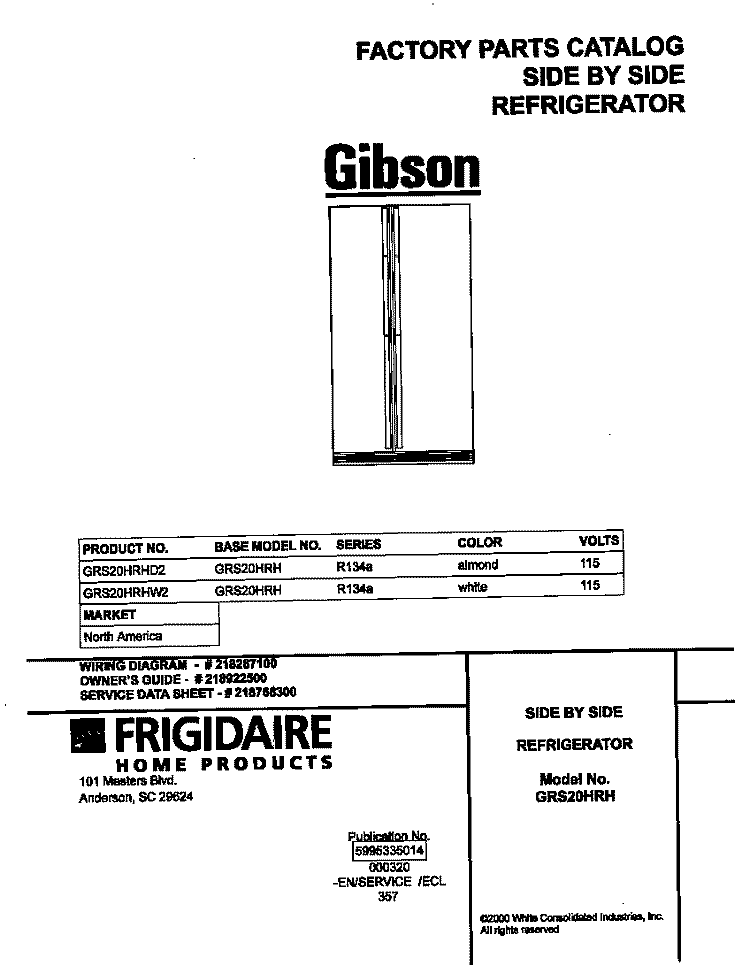 COVER Diagram and Parts List for GRS20HRHD2  Gibson Refrigerator