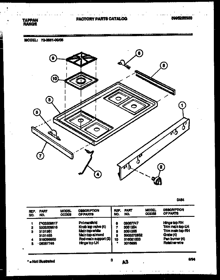 COOKTOP PARTS Diagram and Parts List for 72-3651-23-05  Tappan Range