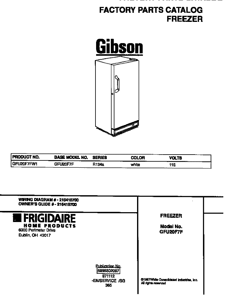 COVER Diagram and Parts List for GFU20F7FW1  Gibson Freezer