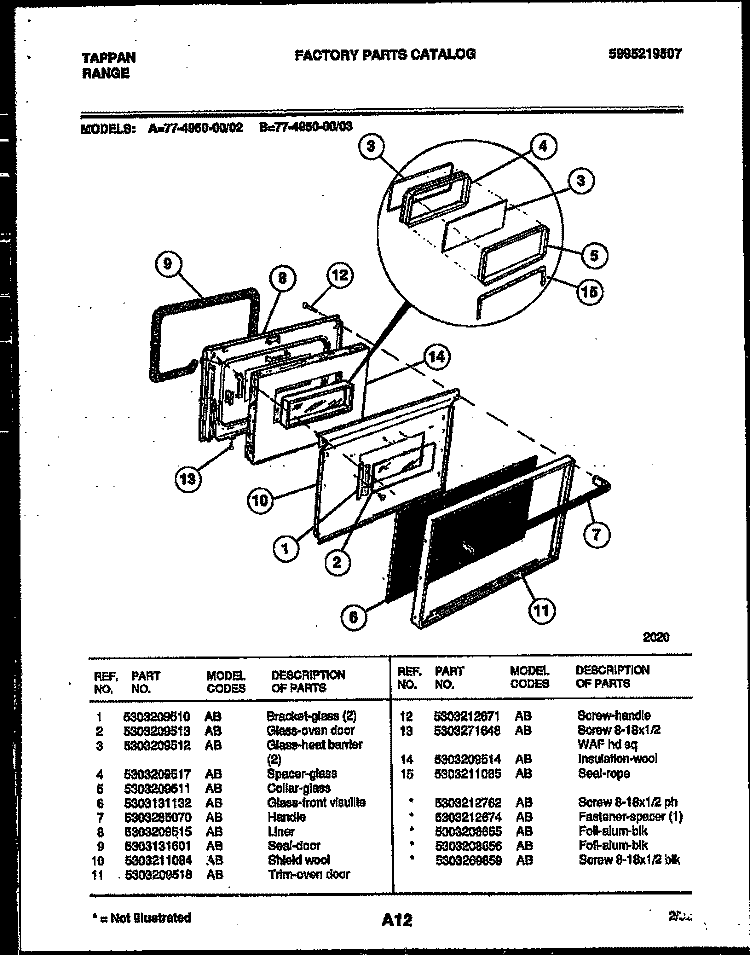 LOWER OVEN DOOR PARTS Diagram and Parts List for 77-4950-00-03  Tappan Range