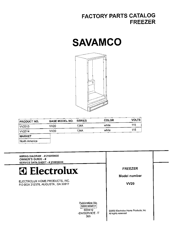 COVER Diagram and Parts List for VV2013  Frigidaire Freezer