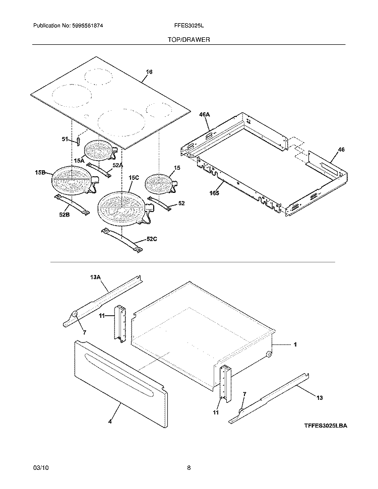 TOP/DRAWER Diagram and Parts List for FFES3025LBA  Frigidaire Wall Oven