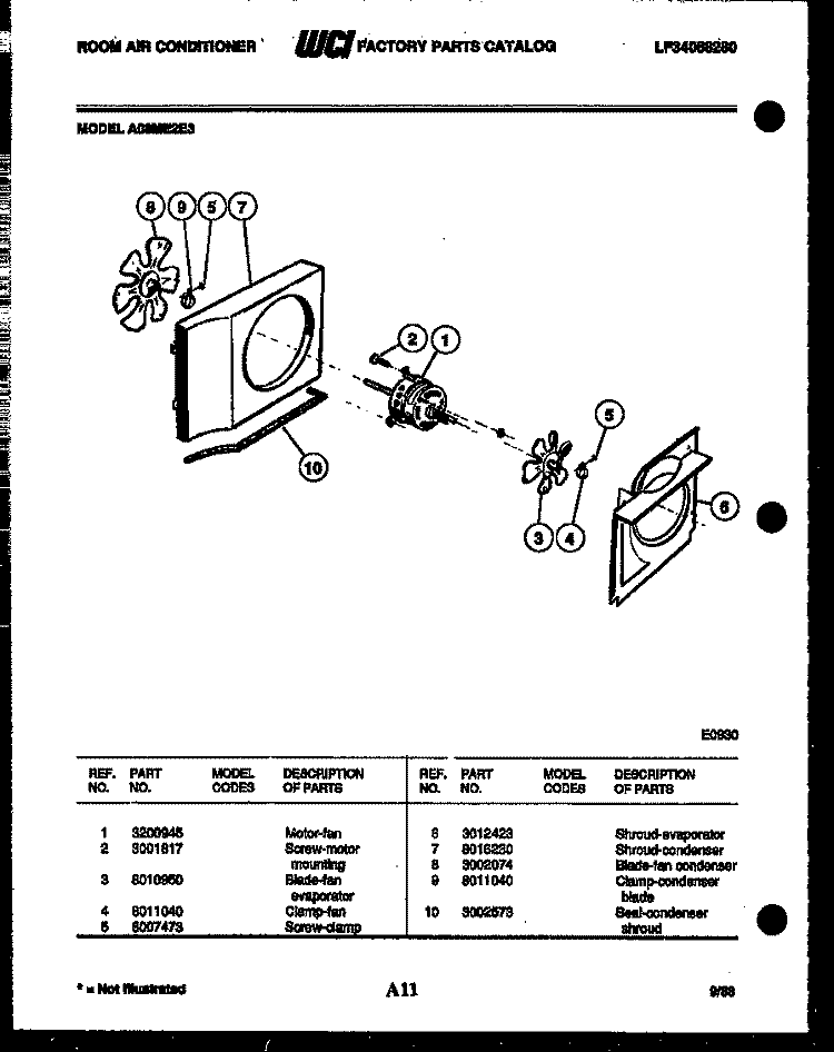 AIR HANDLING PARTS Diagram and Parts List for A08ME2E3  Frigidaire Air Conditioner