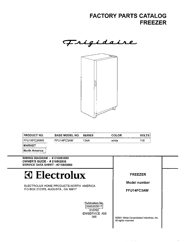 COVER Diagram and Parts List for FFU14FC3AW0  Frigidaire Freezer