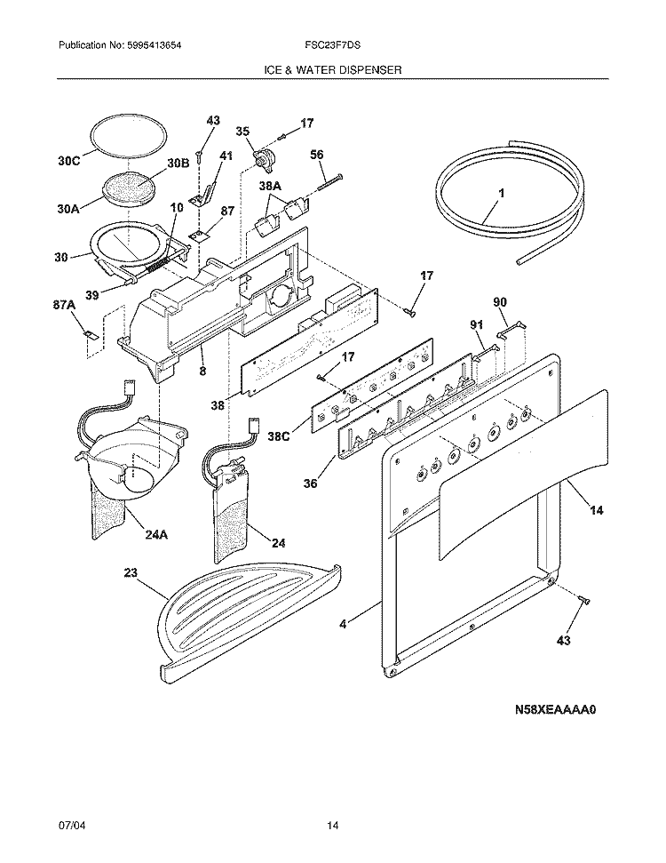 ICE & WATER DISPENSER Diagram and Parts List for FSC23F7DSB1  Frigidaire Refrigerator