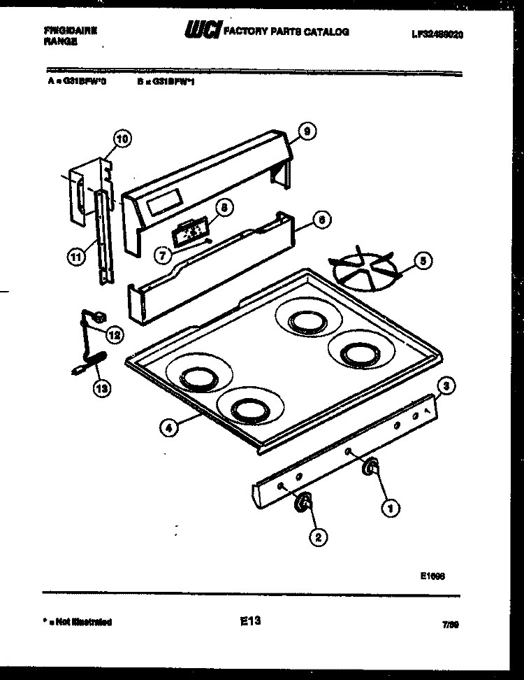 BACKGUARD AND COOKTOP PARTS Diagram and Parts List for G31BFW1  Frigidaire Range