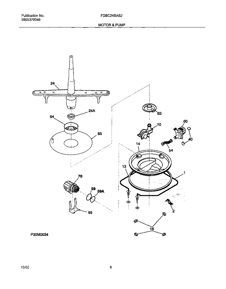 MOTOR & PUMP Diagram and Parts List for FDBC24BAS2  Frigidaire Dishwasher