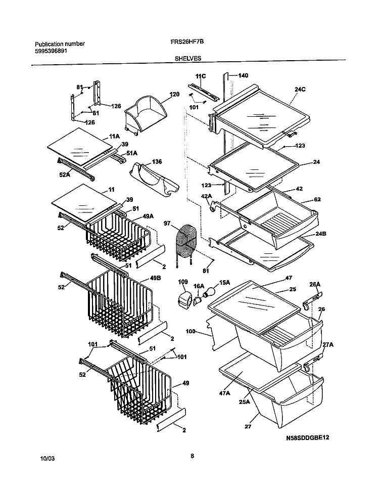 SHELVES Diagram and Parts List for FRS26HF7BQ4  Frigidaire Refrigerator