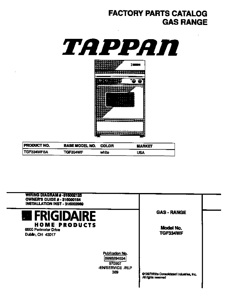 COVER Diagram and Parts List for TGF334WFSA  Tappan Range