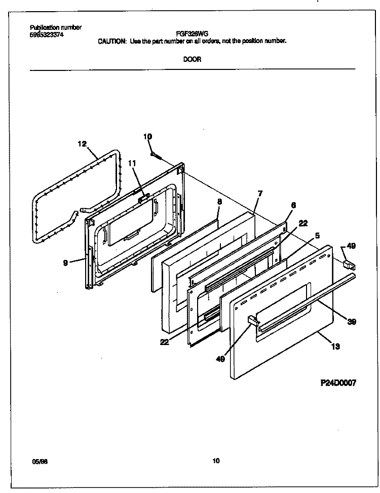 DOOR Diagram and Parts List for FGF326WGTE  Frigidaire Range