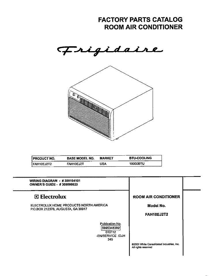 COVER Diagram and Parts List for FAH10EJ2T2  Frigidaire Air Conditioner