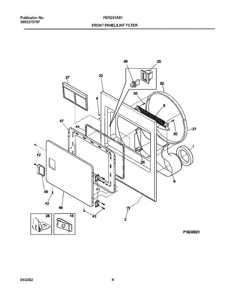 FRNT PNL, DOOR Diagram and Parts List for FER231AS1  Frigidaire Dryer