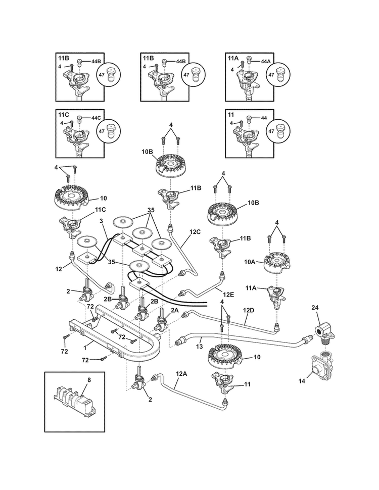 Burner Diagram and Parts List for E36GC70FSS2  Electrolux Cooktop