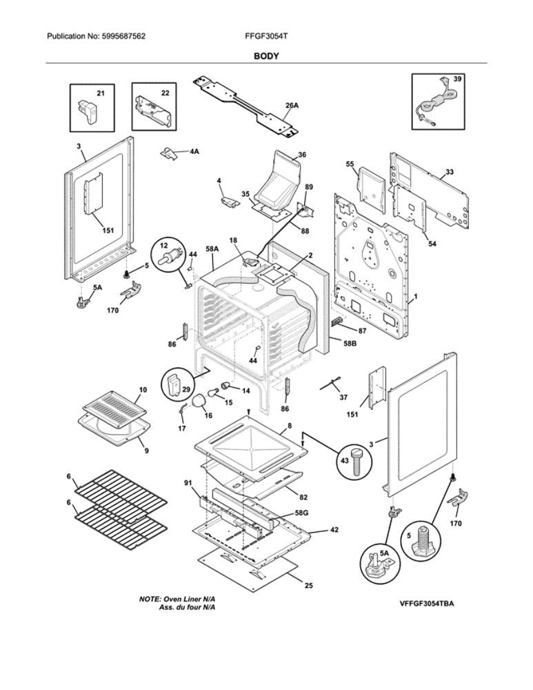 Body Diagram and Parts List for FFGF3054TWA  Frigidaire Range