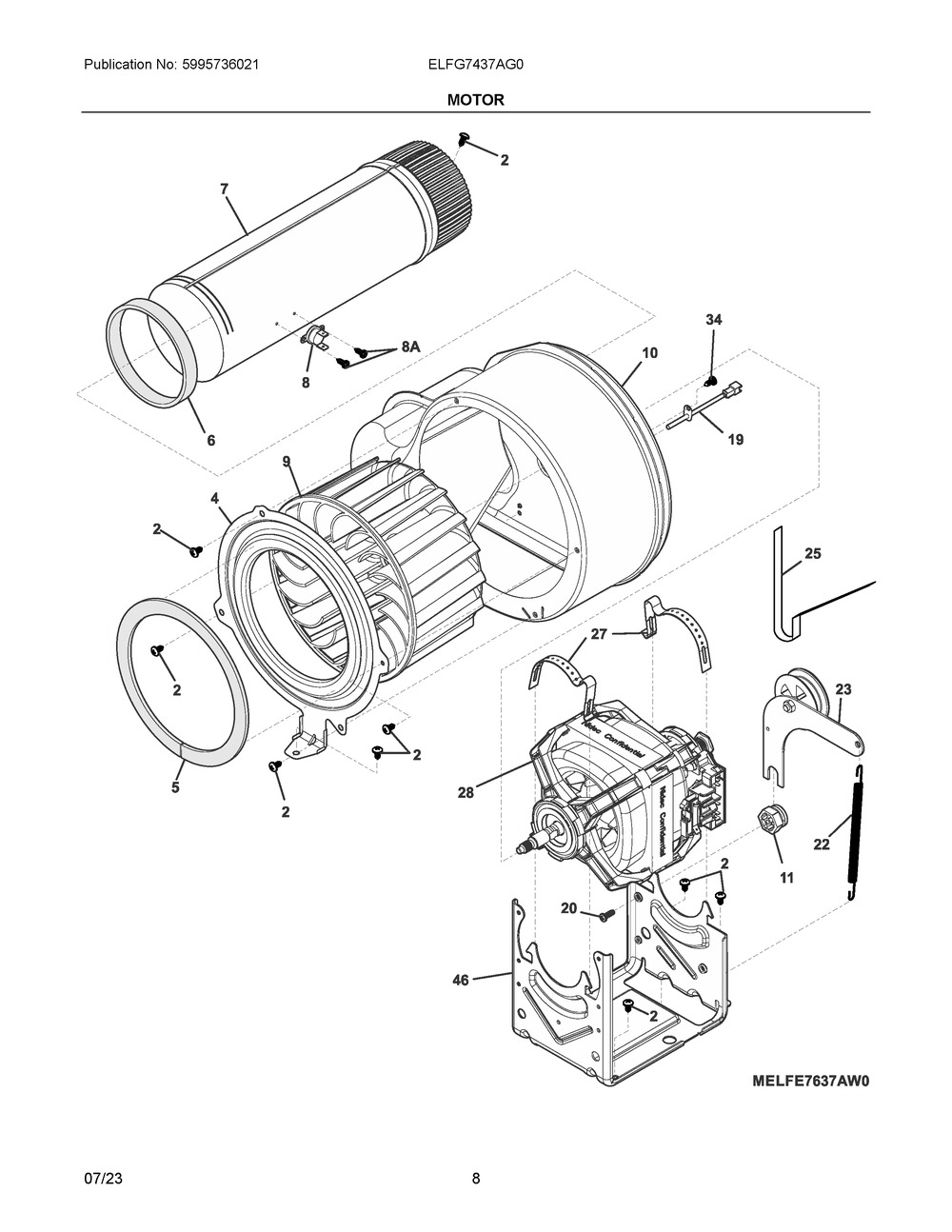 Motor Diagram and Parts List for ELFG7437AG0  Frigidaire Dryer
