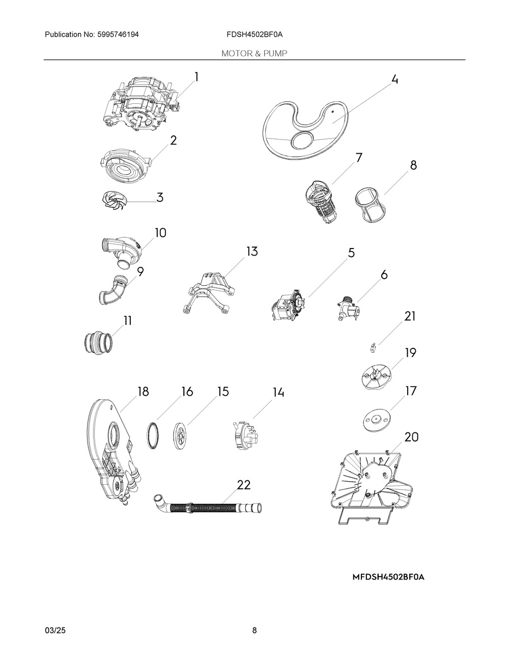 Motor And Pump Diagram and Parts List for FDSH4502BF0A  Frigidaire Dishwasher