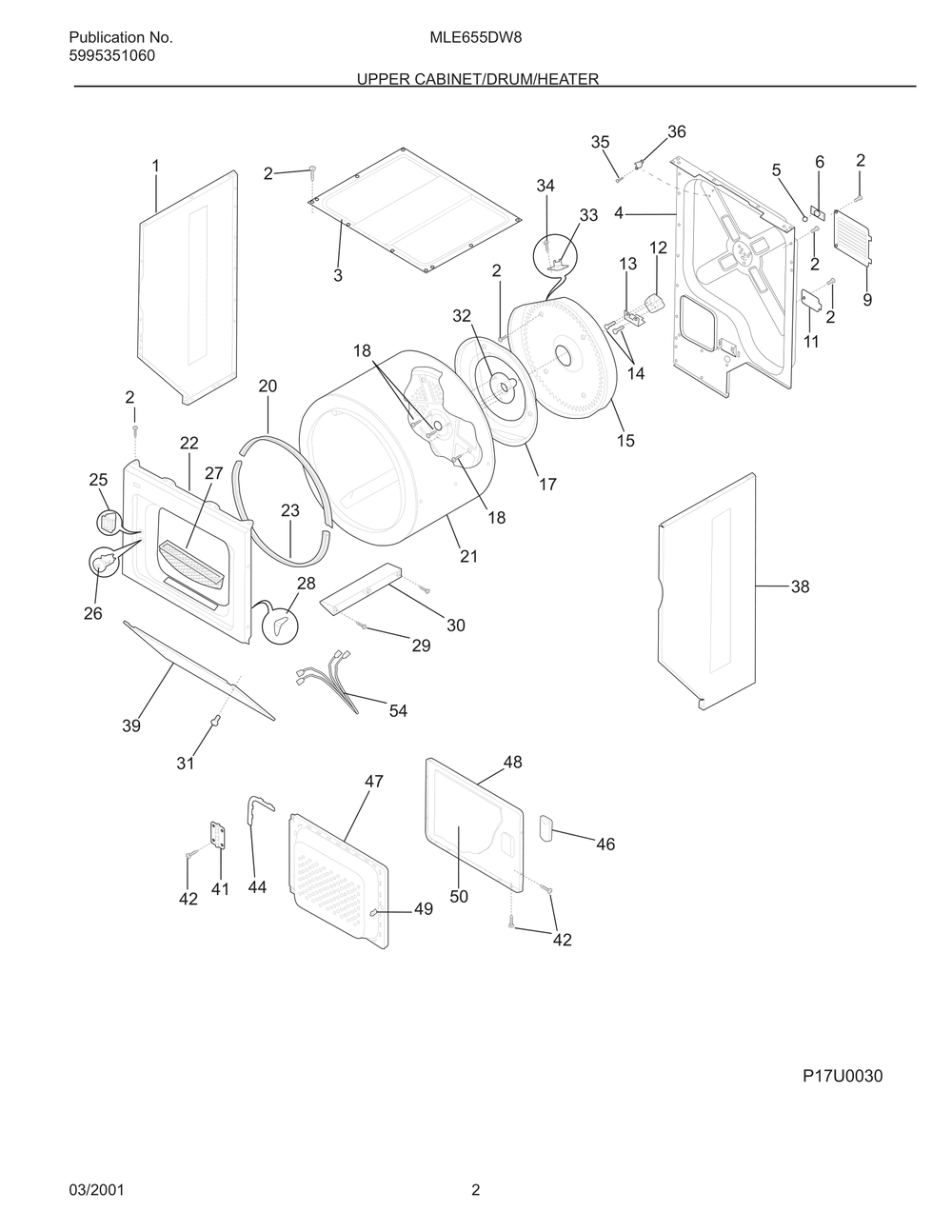 Upper Cabinet/Drum/Heater Diagram and Parts List for MLE655DW8  Frigidaire Dryer