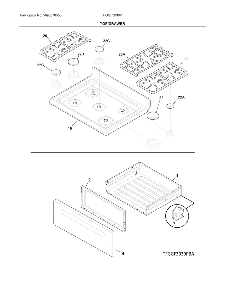 Top/drawer Diagram and Parts List for FGGF3030PWD  Frigidaire Range