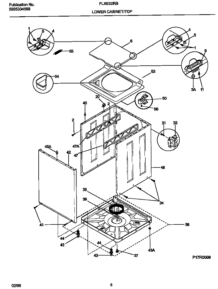 LOWER CABINET / TOP Diagram and Parts List for FLXE52RBT6  Frigidaire Washer Dryer Combo
