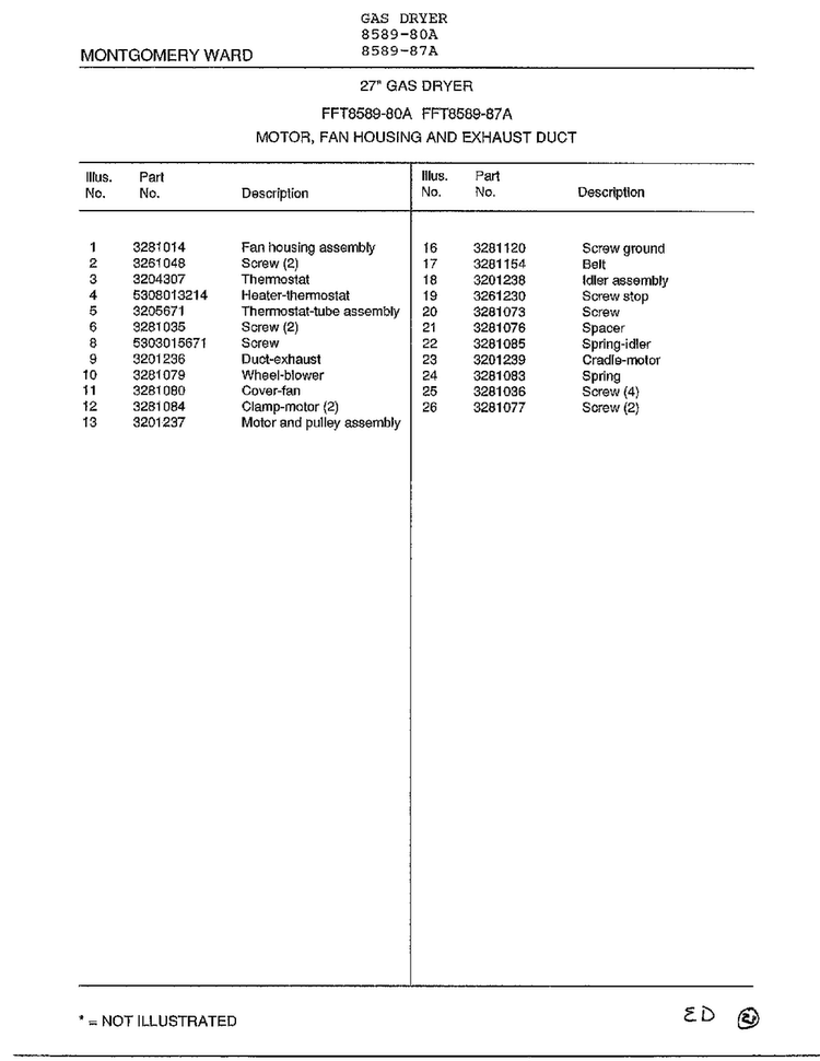 Motor, Fan Housing And Exhaust Duct Page 2 Diagram and Parts List for 8589-87A  Frigidaire Dryer