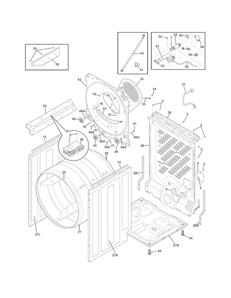 Cabinet/drum Diagram and Parts List for FASG7021NW2  Frigidaire Dryer
