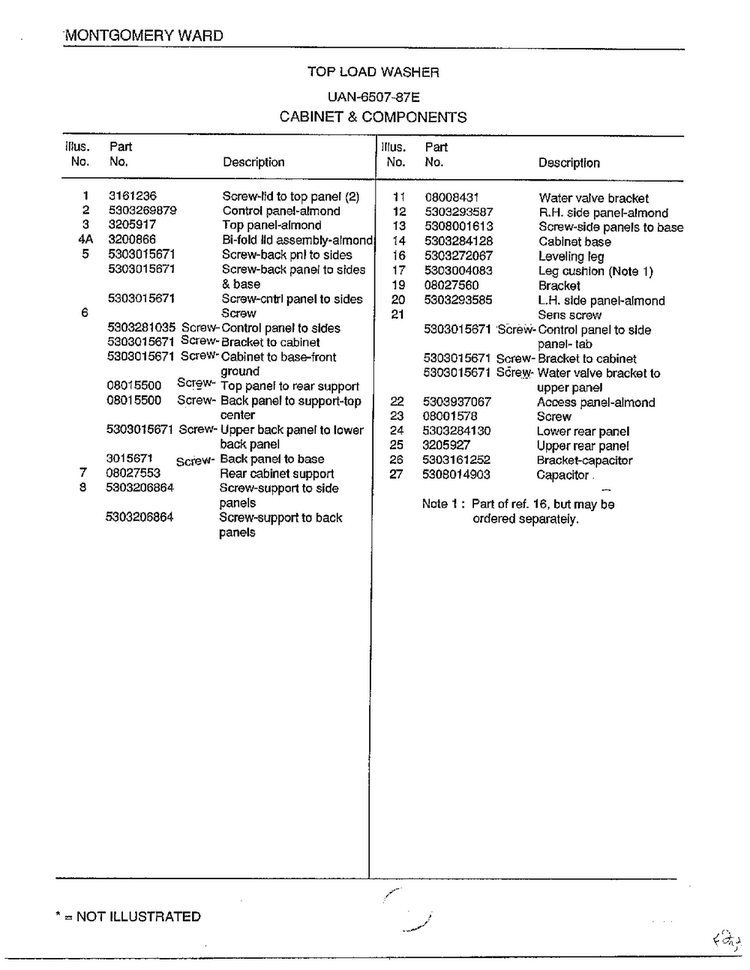 Cabinet And Components Page 2 Diagram and Parts List for 6507-87E  Frigidaire Washer