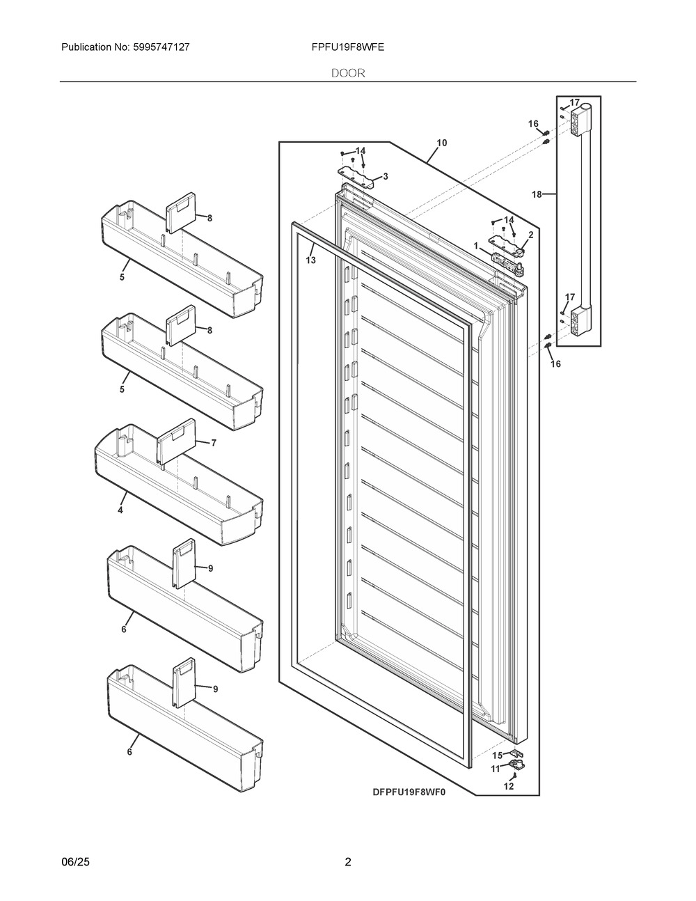 Door Diagram and Parts List for FPFU19F8WFE  Frigidaire Freezer