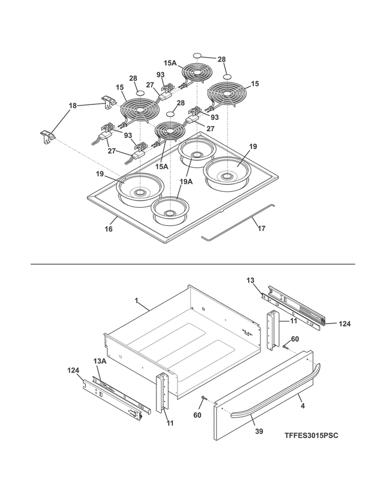 Top/drawer Diagram and Parts List for FFES3015PSE  Frigidaire Range