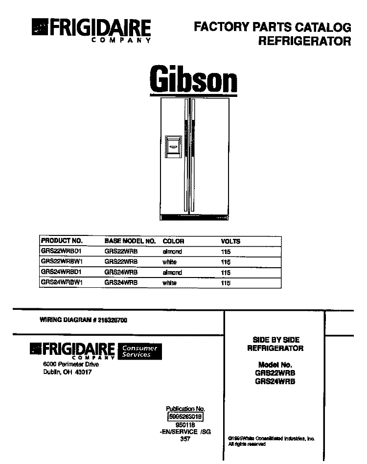 COVER Diagram and Parts List for GRS22WRBW1  Gibson Refrigerator