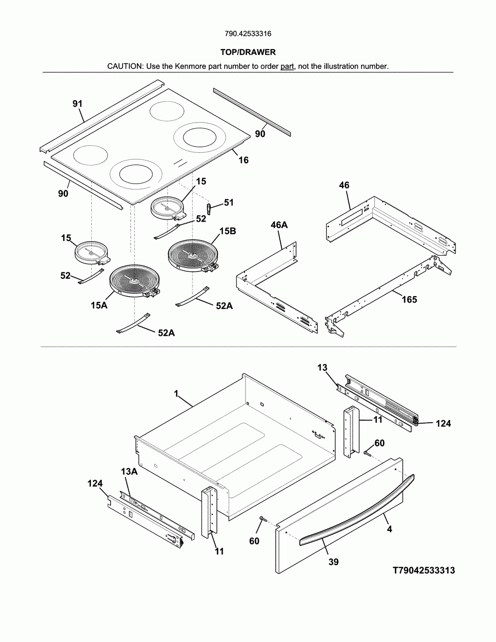 Top/drawer Diagram and Parts List for 79042533316  Kenmore Range