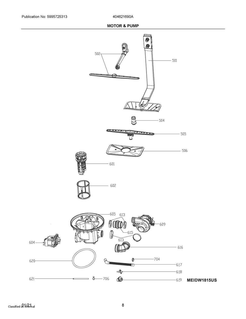 Motor And Pump Diagram and Parts List for 404621690A  Frigidaire Refrigerator