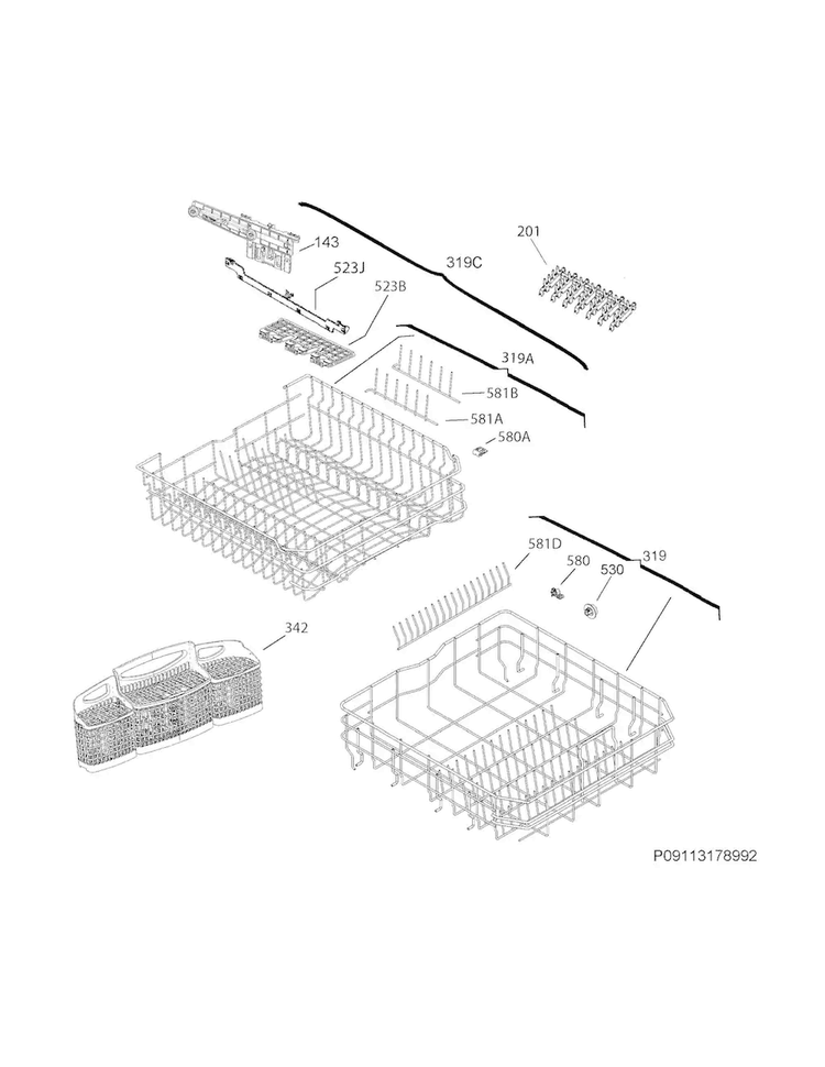 Racks Diagram and Parts List for LGID2475QF3A  Frigidaire Dishwasher