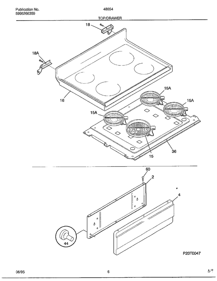Top/drawer Diagram and Parts List for 486547A  Frigidaire Range