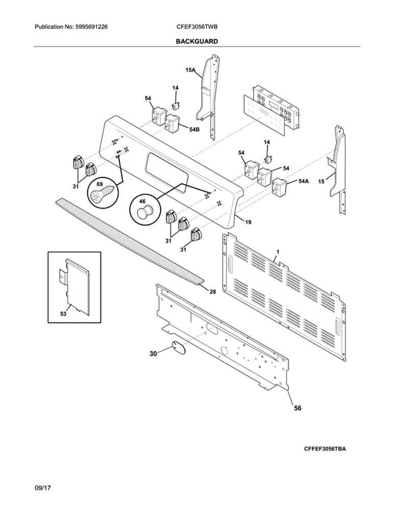 Backguard Diagram and Parts List for CFEF3056TWB  Frigidaire Range