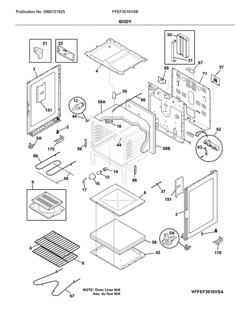 Body Diagram and Parts List for FFEF3016VSB  Frigidaire Range