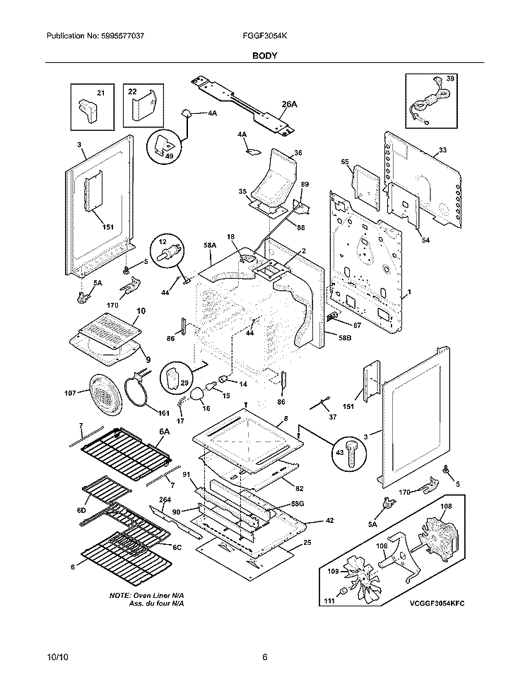 BODY Diagram and Parts List for FGGF3054KWJ  Frigidaire Range