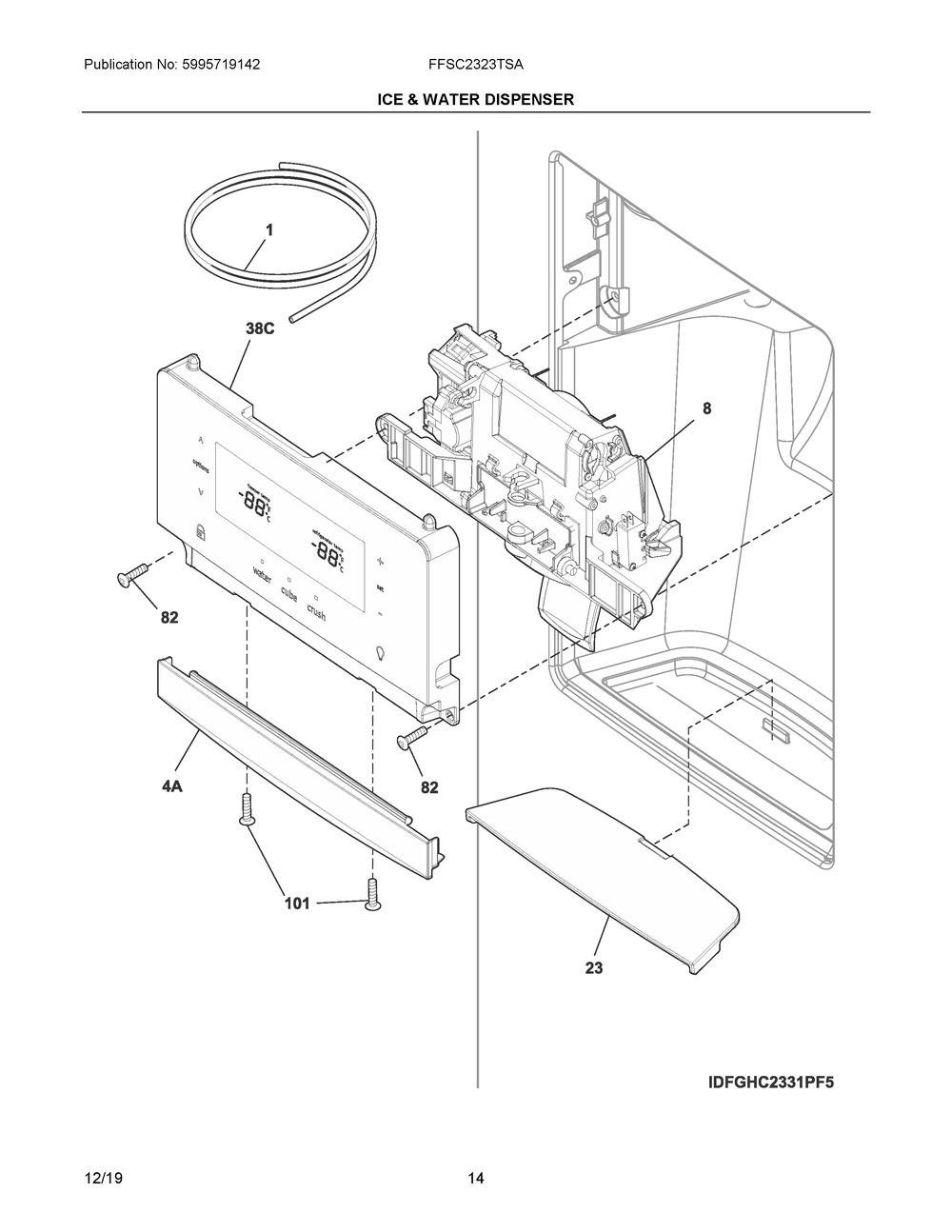Ice & Water Dispenser Diagram and Parts List for FFSC2323TSA  Frigidaire Refrigerator