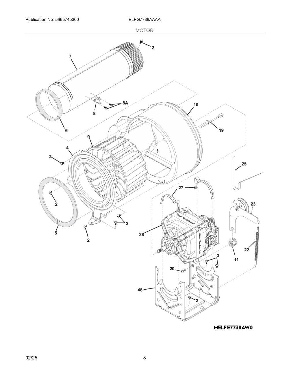 Motor Diagram and Parts List for ELFG7738AA0  Frigidaire Dryer