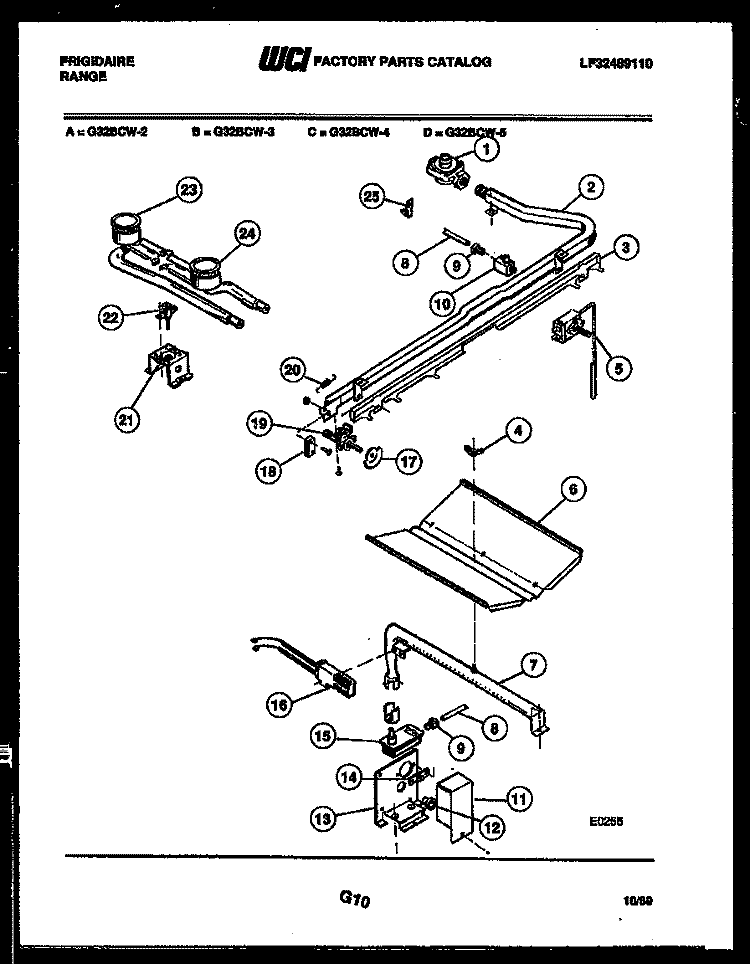 BURNER, MANIFOLD AND GAS CONTROL Diagram and Parts List for G32BCL2  Frigidaire Range