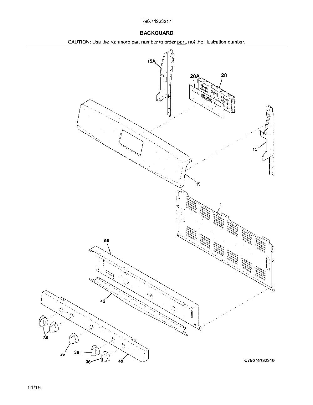 Backguard Diagram and Parts List for 79074233317  Kenmore Range