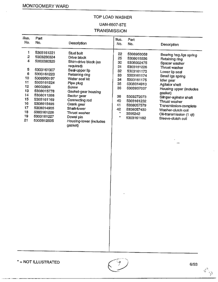 Transmission Page 2 Diagram and Parts List for 6507-87E  Frigidaire Washer