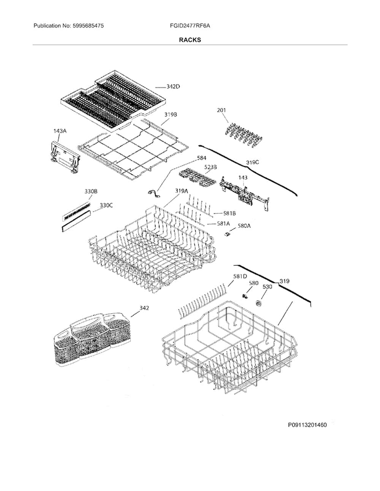 Racks Diagram and Parts List for FGID2477RF6A  Frigidaire Dishwasher